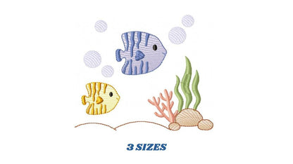 Clown Fish embroidery designs - Ocean animals machine pattern - Orange Fish with shells bubbles and algae - Instant download pes jef dst vp3