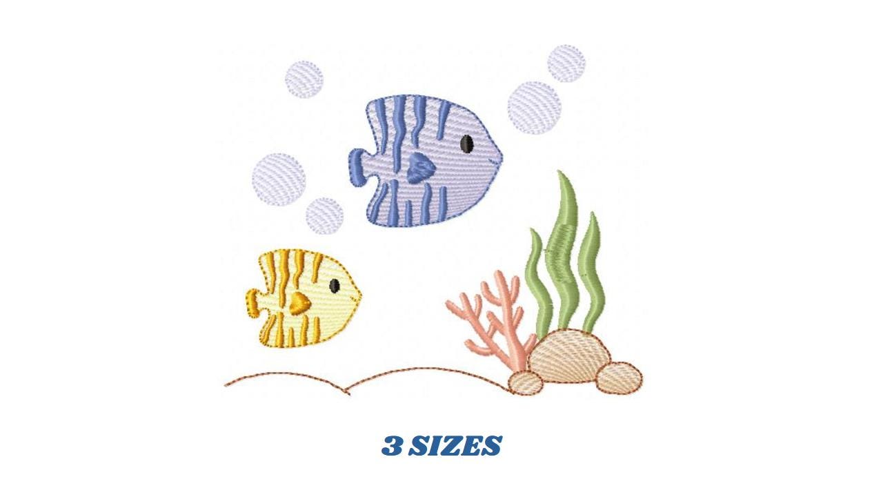 Clown Fish embroidery designs - Ocean animals machine pattern - Orange Fish with shells bubbles and algae - Instant download pes jef dst vp3