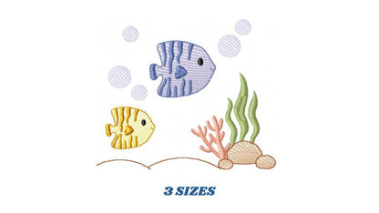 Clown Fish embroidery designs - Ocean animals machine pattern - Orange Fish with shells bubbles and algae - Instant download pes jef dst vp3