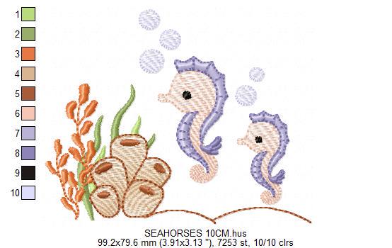 Seahorse embroidery design - Ocean Bottom Animal machine embroidery pattern - Algae and bubbles - baby boy and girl file - Instant download