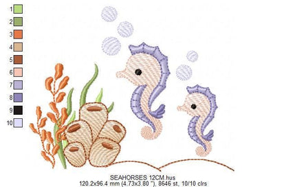Seahorse embroidery design - Ocean Bottom Animal machine embroidery pattern - Algae and bubbles - baby boy and girl file - Instant download