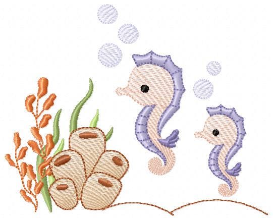 Seahorse embroidery design - Ocean Bottom Animal machine embroidery pattern - Algae and bubbles - baby boy and girl file - Instant download