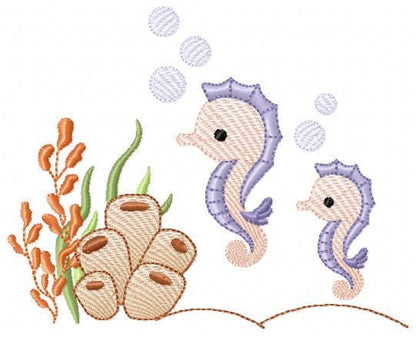 Seahorse embroidery design - Ocean Bottom Animal machine embroidery pattern - Algae and bubbles - baby boy and girl file - Instant download