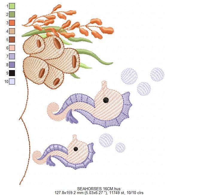 Seahorse embroidery design - Ocean Bottom Animal machine embroidery pattern - Algae and bubbles - baby boy and girl file - Instant download