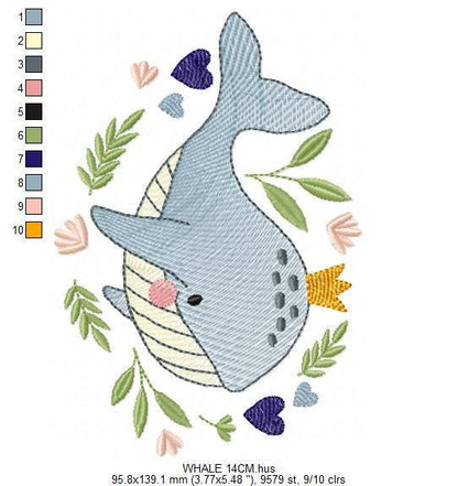 Whale embroidery designs - Ocean Animal Big Fish with crown machine embroidery pattern - Sea Life Baby Boy - Instant digital download pes