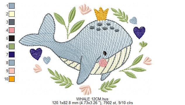 Whale embroidery designs - Ocean Animal Big Fish with crown machine embroidery pattern - Sea Life Baby Boy - Instant digital download pes