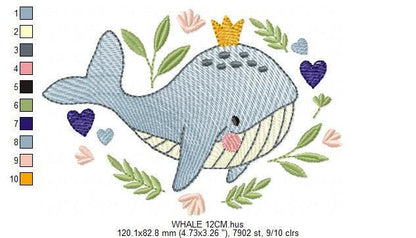 Whale embroidery designs - Ocean Animal Big Fish with crown machine embroidery pattern - Sea Life Baby Boy - Instant digital download pes