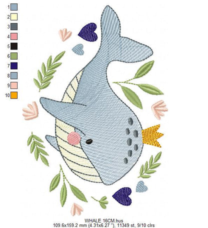 Whale embroidery designs - Ocean Animal Big Fish with crown machine embroidery pattern - Sea Life Baby Boy - Instant digital download pes