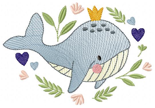 Whale embroidery designs - Ocean Animal Big Fish with crown machine embroidery pattern - Sea Life Baby Boy - Instant digital download pes