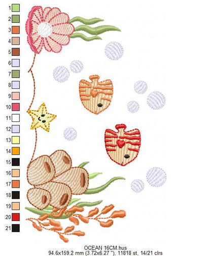 Ocean animals embroidery designs - Sea bottom fishes pearl shell and algae machine pattern - Baby Girl and Boy file - Instant download pes