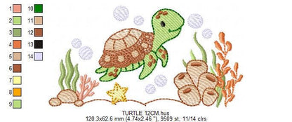 Turtle embroidery design - Sea Ocean animal machine embroidery pattern - Algae and Starfish file - Baby boy and girl - Instant download pes