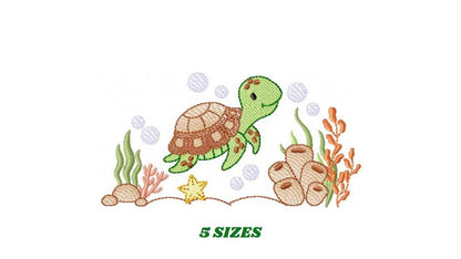 Turtle embroidery design - Sea Ocean animal machine embroidery pattern - Algae and Starfish file - Baby boy and girl - Instant download pes