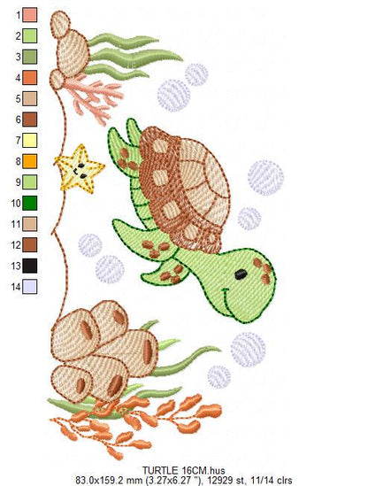 Turtle embroidery design - Sea Ocean animal machine embroidery pattern - Algae and Starfish file - Baby boy and girl - Instant download pes