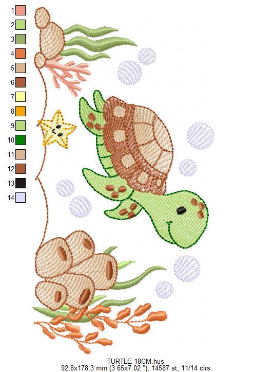 Turtle embroidery design - Sea Ocean animal machine embroidery pattern - Algae and Starfish file - Baby boy and girl - Instant download pes