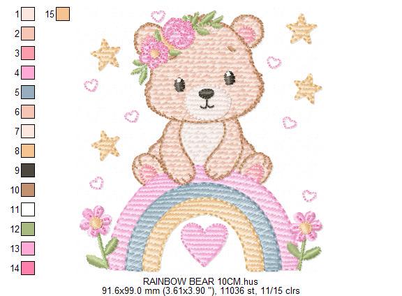 Female Bear with rainbow embroidery designs - Baby Girl Teddy with flowers machine embroidery pattern - Instant digital download pes jef dst