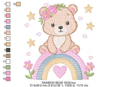 Female Bear with rainbow embroidery designs - Baby Girl Teddy with flowers machine embroidery pattern - Instant digital download pes jef dst
