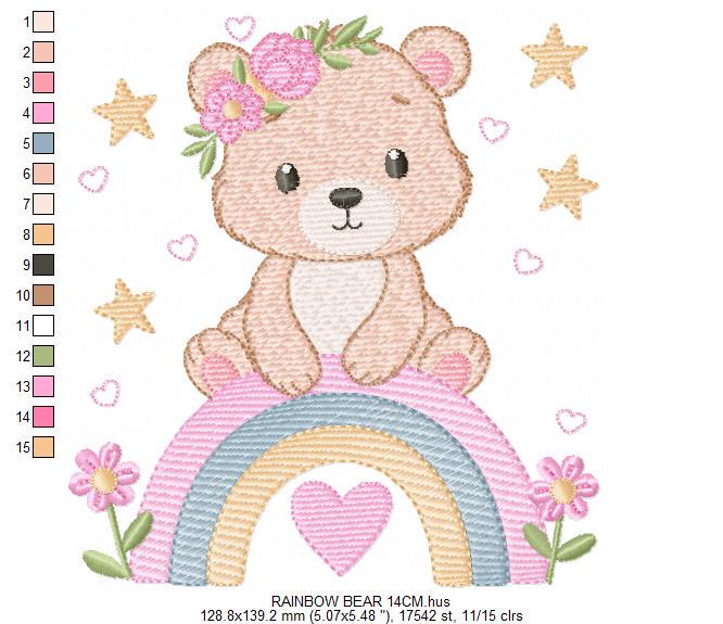 Female Bear with rainbow embroidery designs - Baby Girl Teddy with flowers machine embroidery pattern - Instant digital download pes jef dst