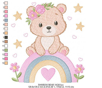 Female Bear with rainbow embroidery designs - Baby Girl Teddy with flowers machine embroidery pattern - Instant digital download pes jef dst