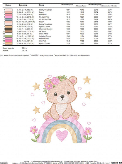 Female Bear with rainbow embroidery designs - Baby Girl Teddy with flowers machine embroidery pattern - Instant digital download pes jef dst