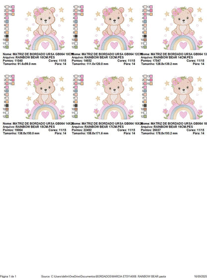 Female Bear with rainbow embroidery designs - Baby Girl Teddy with flowers machine embroidery pattern - Instant digital download pes jef dst
