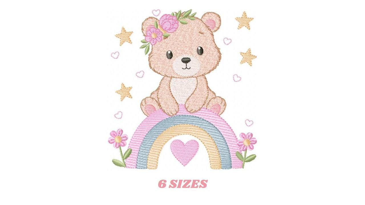 Female Bear with rainbow embroidery designs - Baby Girl Teddy with flowers machine embroidery pattern - Instant digital download pes jef dst
