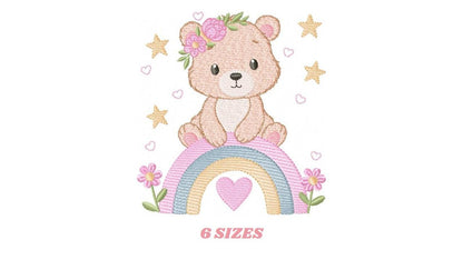 Female Bear with rainbow embroidery designs - Baby Girl Teddy with flowers machine embroidery pattern - Instant digital download pes jef dst