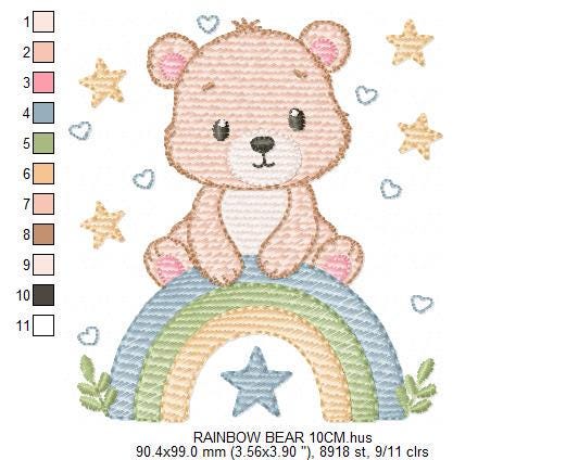Bear with rainbow embroidery designs - Baby Boy Teddy with stars machine embroidery pattern - Instant digital download pes jef hus vp3 dst