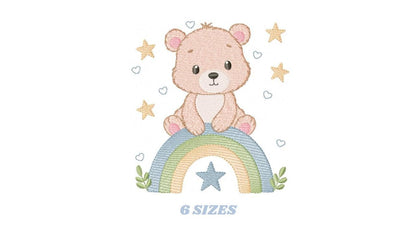 Bear with rainbow embroidery designs - Baby Boy Teddy with stars machine embroidery pattern - Instant digital download pes jef hus vp3 dst