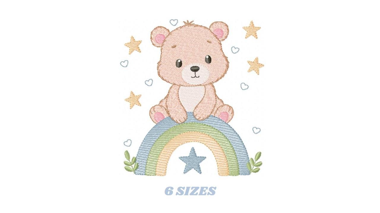 Bear with rainbow embroidery designs - Baby Boy Teddy with stars machine embroidery pattern - Instant digital download pes jef hus vp3 dst