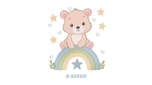 Bear with rainbow embroidery designs - Baby Boy Teddy with stars machine embroidery pattern - Instant digital download pes jef hus vp3 dst