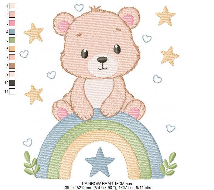 Bear with rainbow embroidery designs - Baby Boy Teddy with stars machine embroidery pattern - Instant digital download pes jef hus vp3 dst