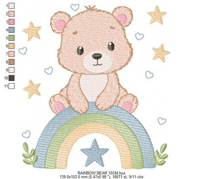 Bear with rainbow embroidery designs - Baby Boy Teddy with stars machine embroidery pattern - Instant digital download pes jef hus vp3 dst