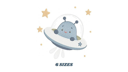 Alien with spaceship embroidery design - E.T. with space rocket machine embroidery pattern - Instant digital download pes jef dst vp3 hus