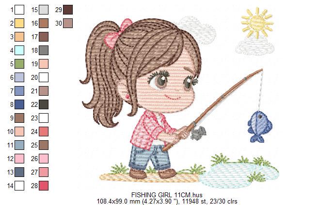 Baby girl fishing embroidery design - Fisherman girl machine embroidery pattern - Children toddler playing sun grass file - Instant download