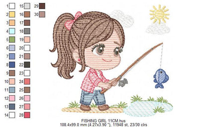Baby girl fishing embroidery design - Fisherman girl machine embroidery pattern - Children toddler playing sun grass file - Instant download