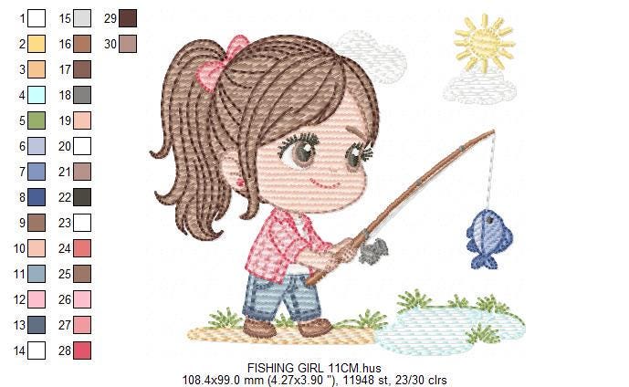 Baby girl fishing embroidery design - Fisherman girl machine embroidery pattern - Children toddler playing sun grass file - Instant download