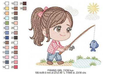 Baby girl fishing embroidery design - Fisherman girl machine embroidery pattern - Children toddler playing sun grass file - Instant download