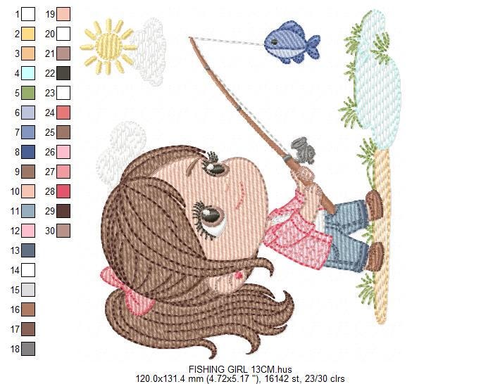 Baby girl fishing embroidery design - Fisherman girl machine embroidery pattern - Children toddler playing sun grass file - Instant download
