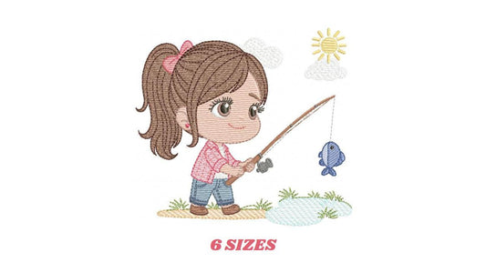 Baby girl fishing embroidery design - Fisherman girl machine embroidery pattern - Children toddler playing sun grass file - Instant download