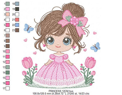 Baby girl embroidery designs - Girl with long hair bun machine embroidery pattern - Princess with flowers file - Instant download pes jef