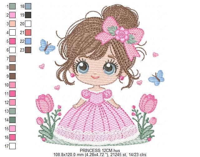 Baby girl embroidery designs - Girl with long hair bun machine embroidery pattern - Princess with flowers file - Instant download pes jef