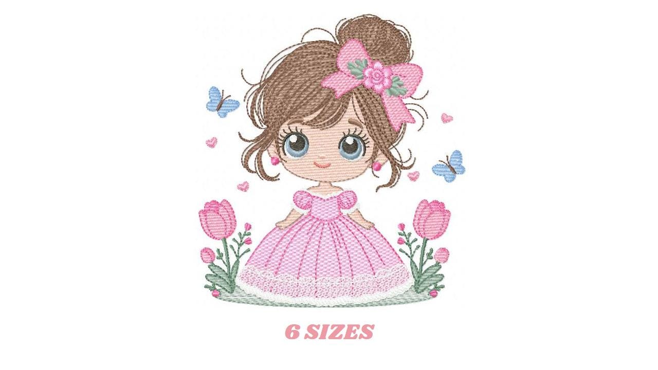 Baby girl embroidery designs - Girl with long hair bun machine embroidery pattern - Princess with flowers file - Instant download pes jef