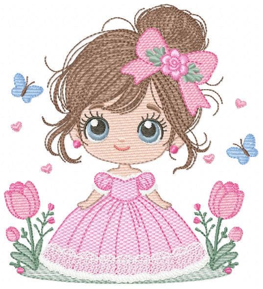 Baby girl embroidery designs - Girl with long hair bun machine embroidery pattern - Princess with flowers file - Instant download pes jef