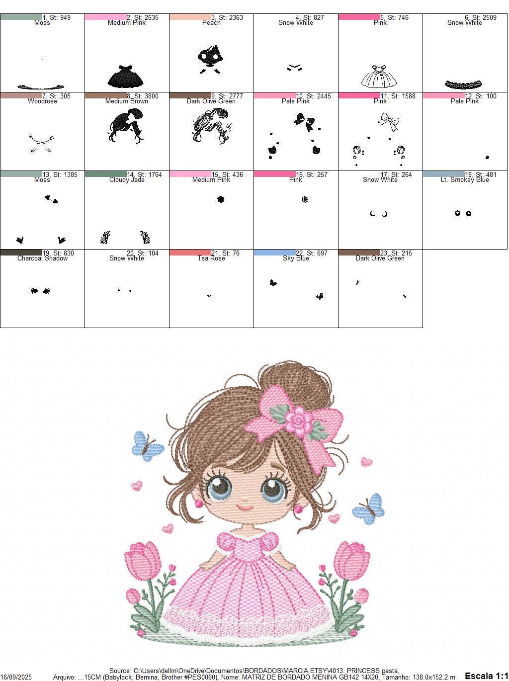 Baby girl embroidery designs - Girl with long hair bun machine embroidery pattern - Princess with flowers file - Instant download pes jef