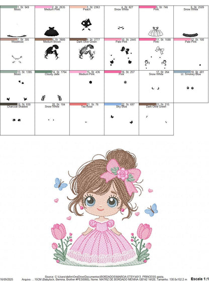 Baby girl embroidery designs - Girl with long hair bun machine embroidery pattern - Princess with flowers file - Instant download pes jef