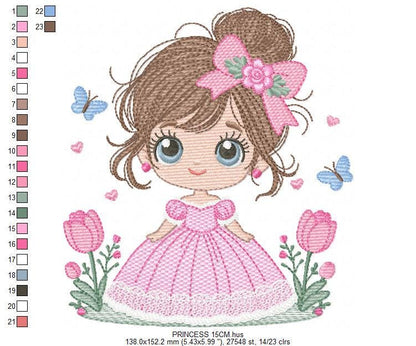 Baby girl embroidery designs - Girl with long hair bun machine embroidery pattern - Princess with flowers file - Instant download pes jef