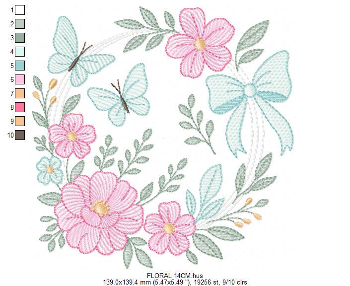 Flowers with Butterflies Wreath embroidery designs - Floral Kitchen Towel machine embroidery pattern - Instant digital download pes jef dst