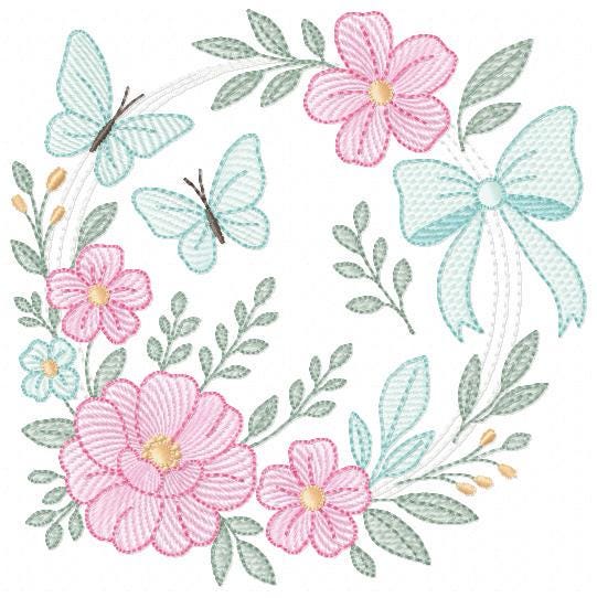 Flowers with Butterflies Wreath embroidery designs - Floral Kitchen Towel machine embroidery pattern - Instant digital download pes jef dst