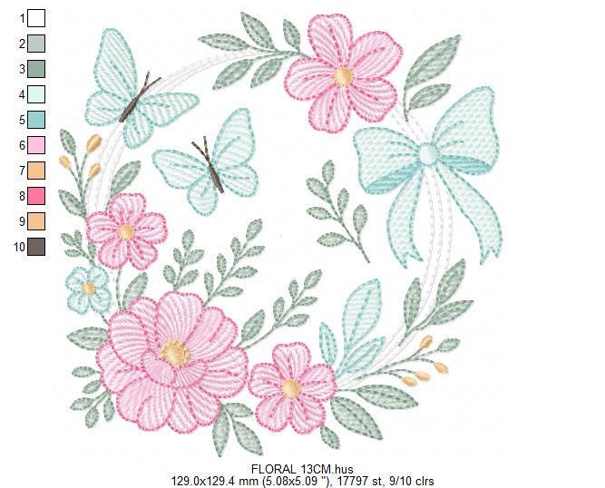 Flowers with Butterflies Wreath embroidery designs - Floral Kitchen Towel machine embroidery pattern - Instant digital download pes jef dst
