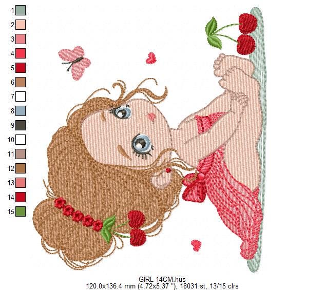 Baby girl embroidery designs - Girl with long hair bun machine embroidery pattern - Princess with cherries file - Instant download pes jef